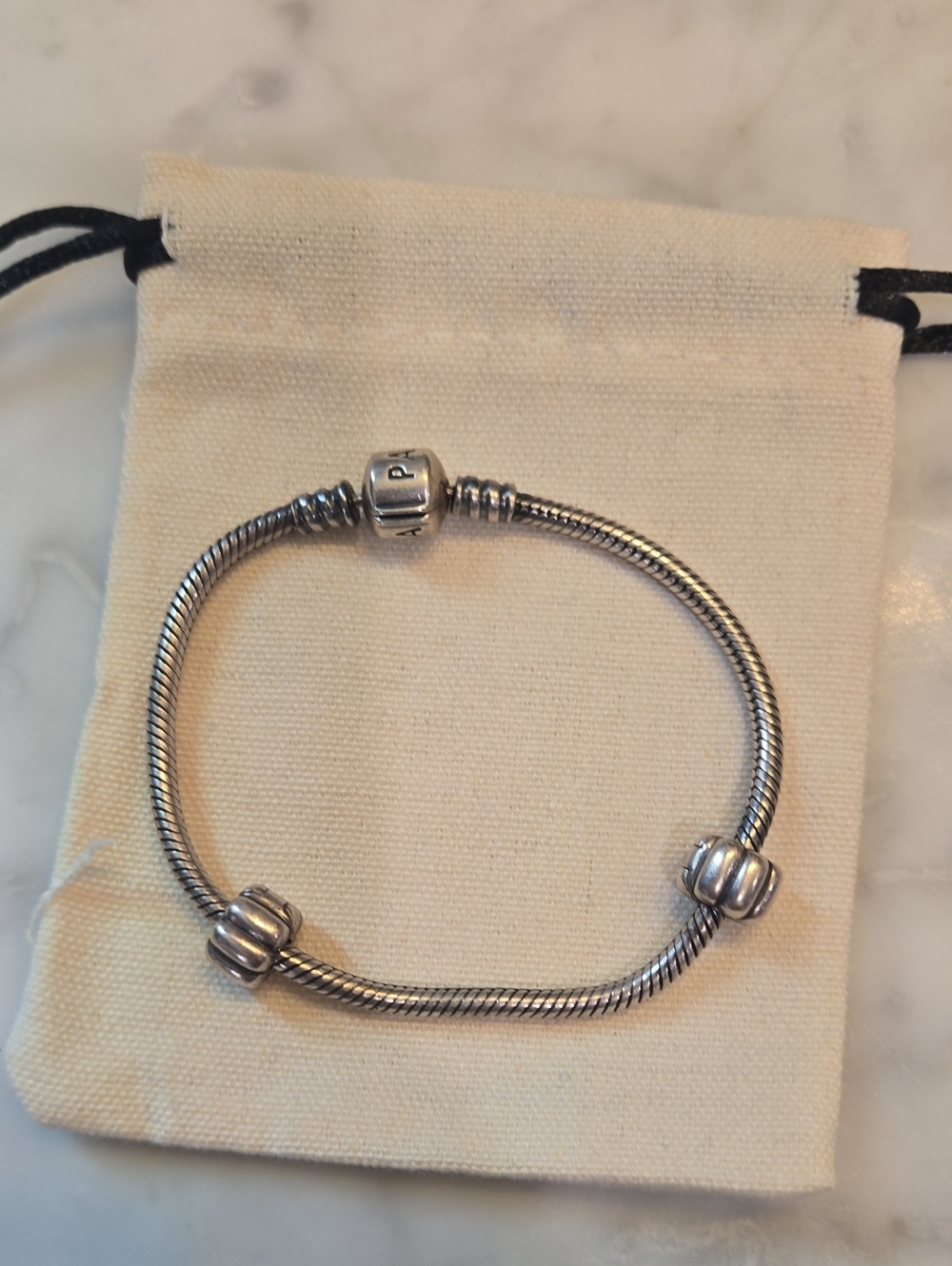 Pandora Silver Snake Chain Bracelet with Barrel Clasp and Slide Spacers